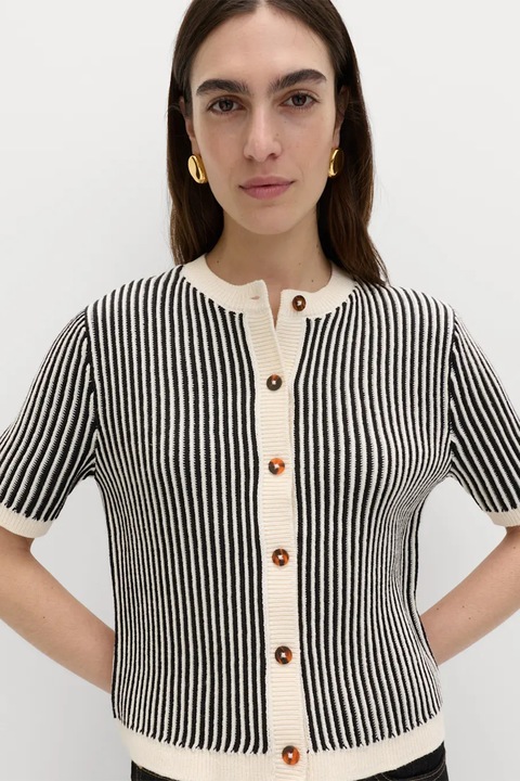 Marks & Spencer, Cardigan cu dungi si nasturi, Negru/Crem