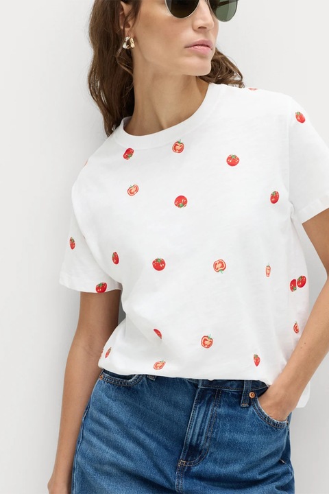 Marks & Spencer, Tricou de bumbac cu decolteu la baza gatului, Rosu/Alb