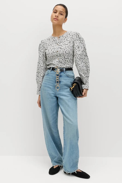 Marks & Spencer, Bluza cu model floral si maneci bufante, Alb/Negru