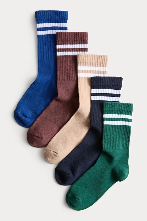 Marks & Spencer, Set de sosete lungi cu dungi - 5 perechi, Verde/Maro/Albastru