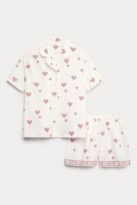 Marks & Spencer, Pijama de bumbac cu imprimeu cu inimi, Rosu/Alb murdar
