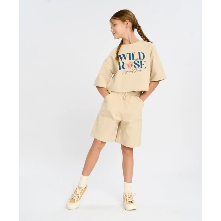 Bermude pentru fete, alb-lapte, cu talie elastică și buzunare Button Blue