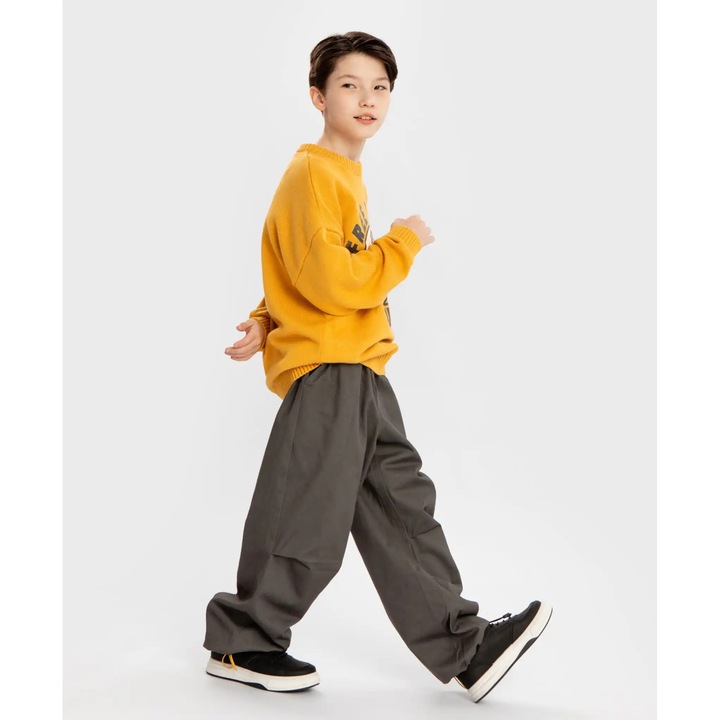 Pantaloni cu pliuri și reglare a lățimii cracului gri pentru băieți Button Blue