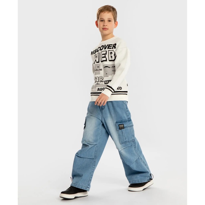 Blugi largi Antifit cu patru buzunare, albaștri, pentru copii Button Blue