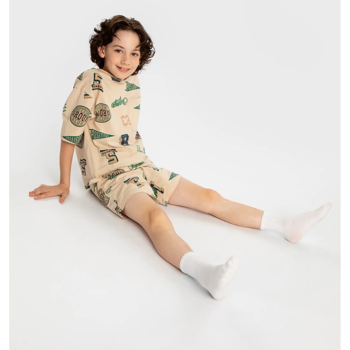Pijama pentru băieți Button Blue, bej, cu imprimeu, 98 cm