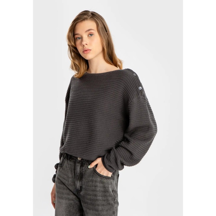 Pulover lung gri pentru fete Button Blue, 80% bumbac, 134 cm