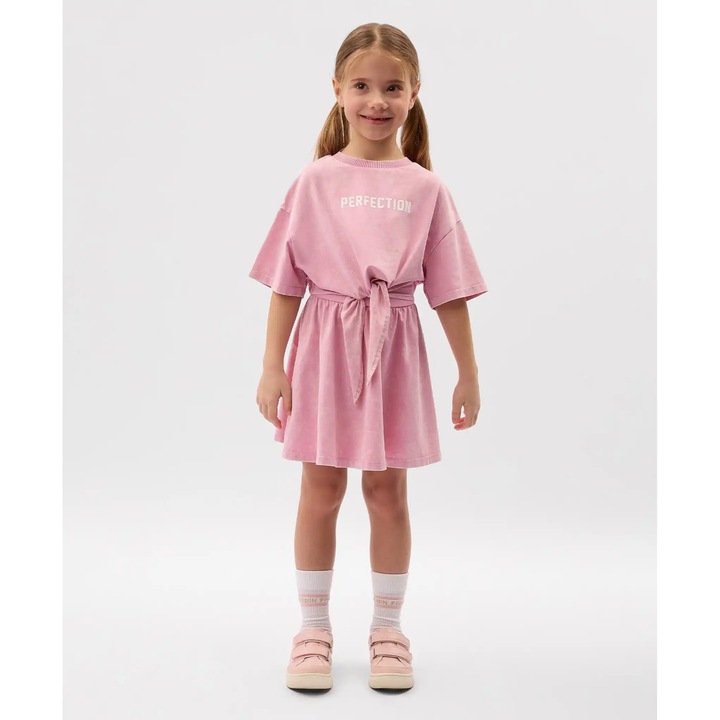 Rochie tricotată roz pentru copii, cu mânecă scurtă, imitând un set Gulliver