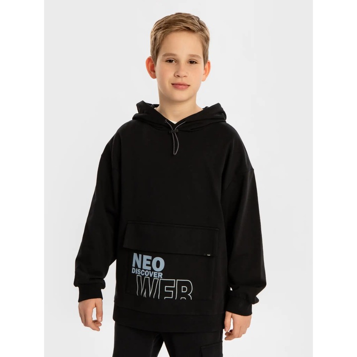 Hanorac pentru băieți Button Blue cu buzunar mare și glugă, negru, 164 cm