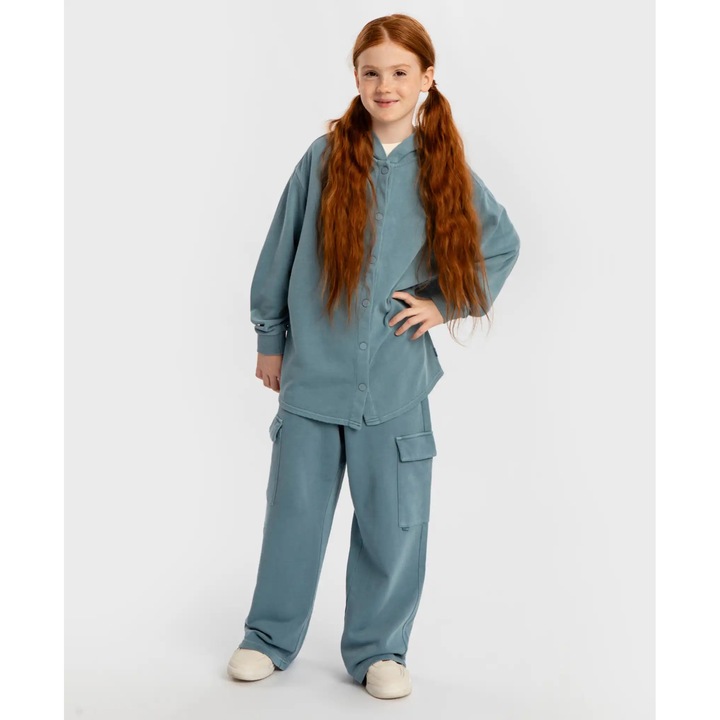 Hanorac oversize cu nasturi, glugă și efect uzat, albastru, pentru copii Button Blue