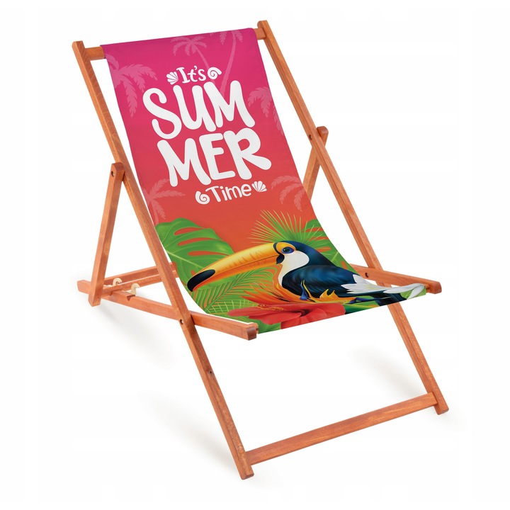 Sezlong pliabil din lemn cu imprimeu, Allbag, 110x55cm, 3 pozitii, pentru gradina si plaja