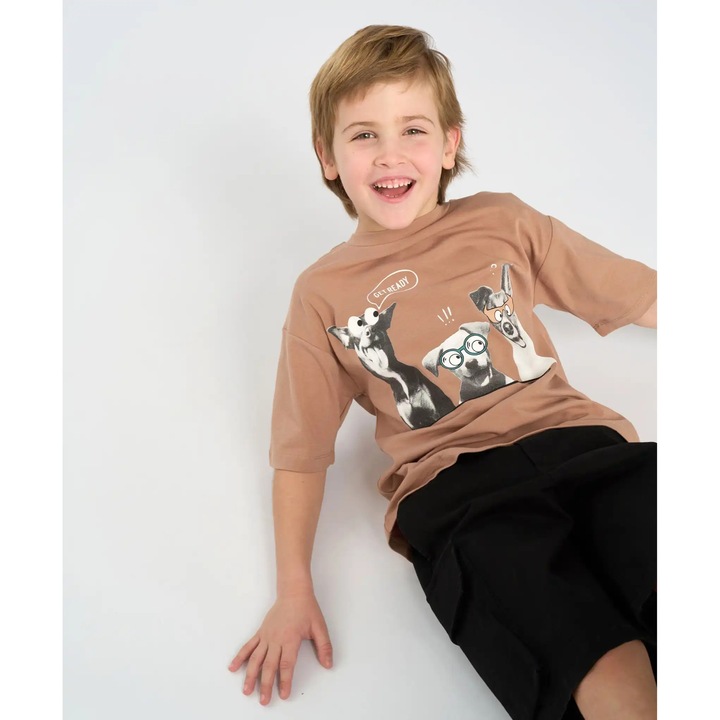 Tricou cu mânecă scurtă pentru băieți, oversize, maro, cu imprimeu Button Blue