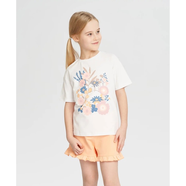 Tricou pentru fete alb cu mânecă scurtă și imprimeu Button Blue