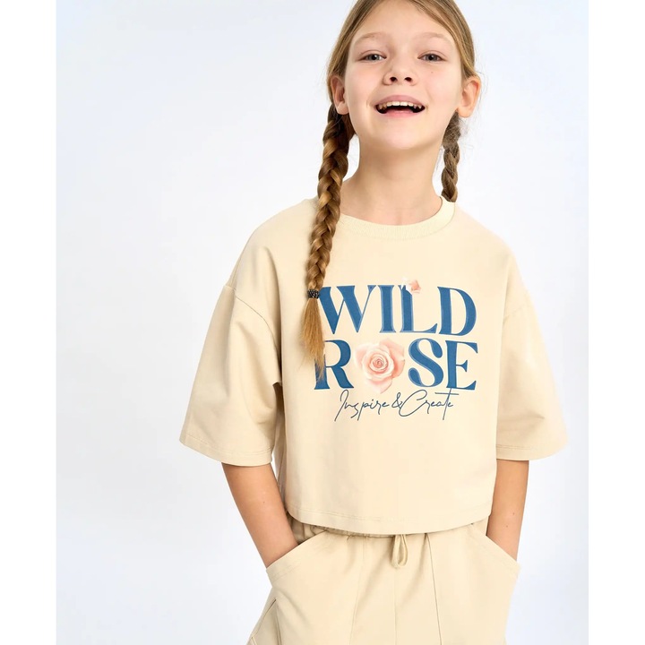 Tricou crop top cu mânecă scurtă pentru fete, alb-lăptos cu imprimeu Button Blue