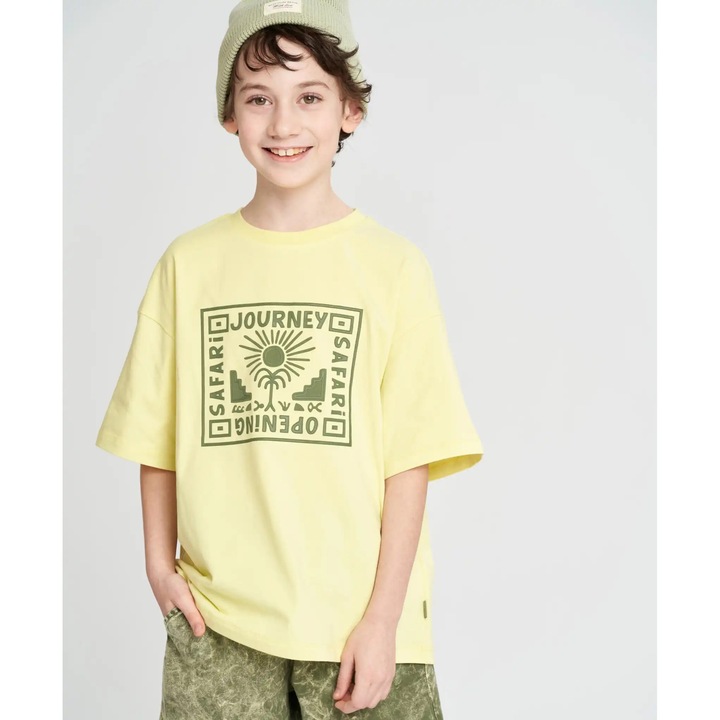 Tricou cu mânecă scurtă pentru băieți, oversized, galben, cu imprimeu Button Blue