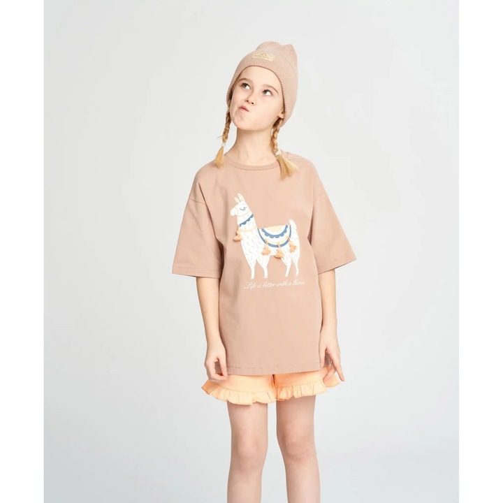 Tricou pentru fete bej cu mânecă scurtă și imprimeu lamă Button Blue