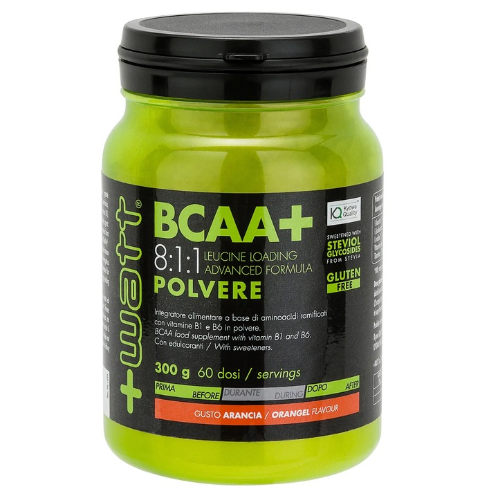 BCAA+ 8:1:1 Pudra +Watt, aminoacizi cu lant ramificat Kyowa Quality® pentru sinteza maxima a proteinelor, 300 g, aroma de portocale