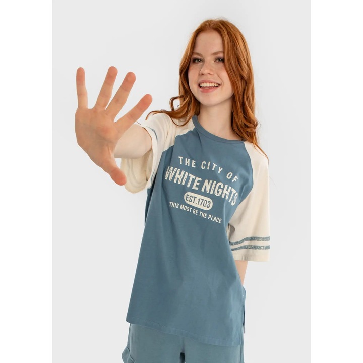 Tricou cu mânecă scurtă și imprimeu în relief multicolor pentru fete Button Blue