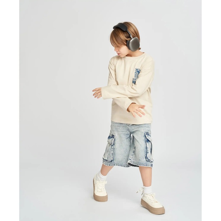 Bluză cu mânecă lungă pentru băieți, alb-crem, cu imprimeu Button Blue