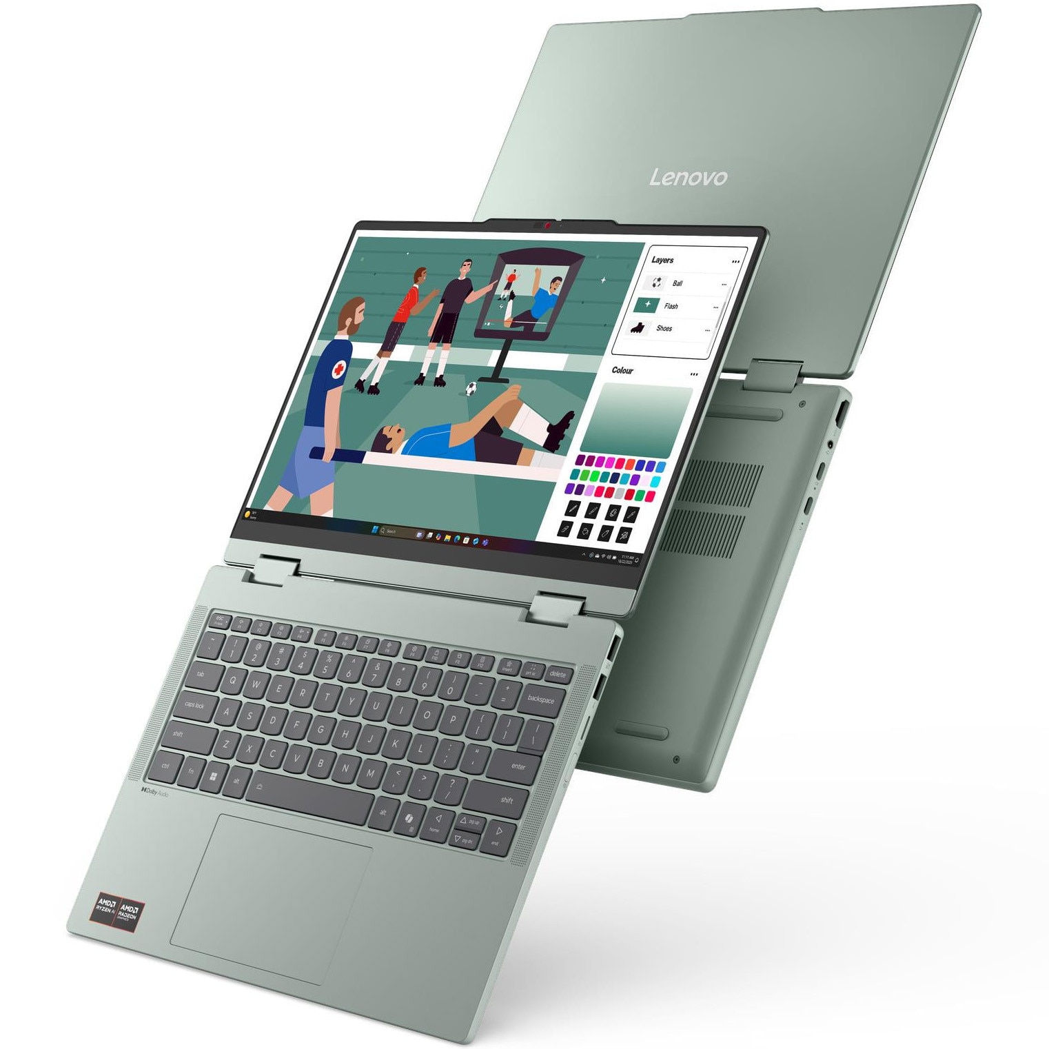 Laptop Lenovo IdeaPad 5 2-in-1 14AGP11 cu procesor AMD Ryzen™ AI 7 445 pana la 4.6GHz, 14'', WUXGA, OLED, 16GB DDR5 RAM, 1TB SSD, AMD Radeon™ 840M Graphics, No OS, Breeze Moss, 3Y Courier