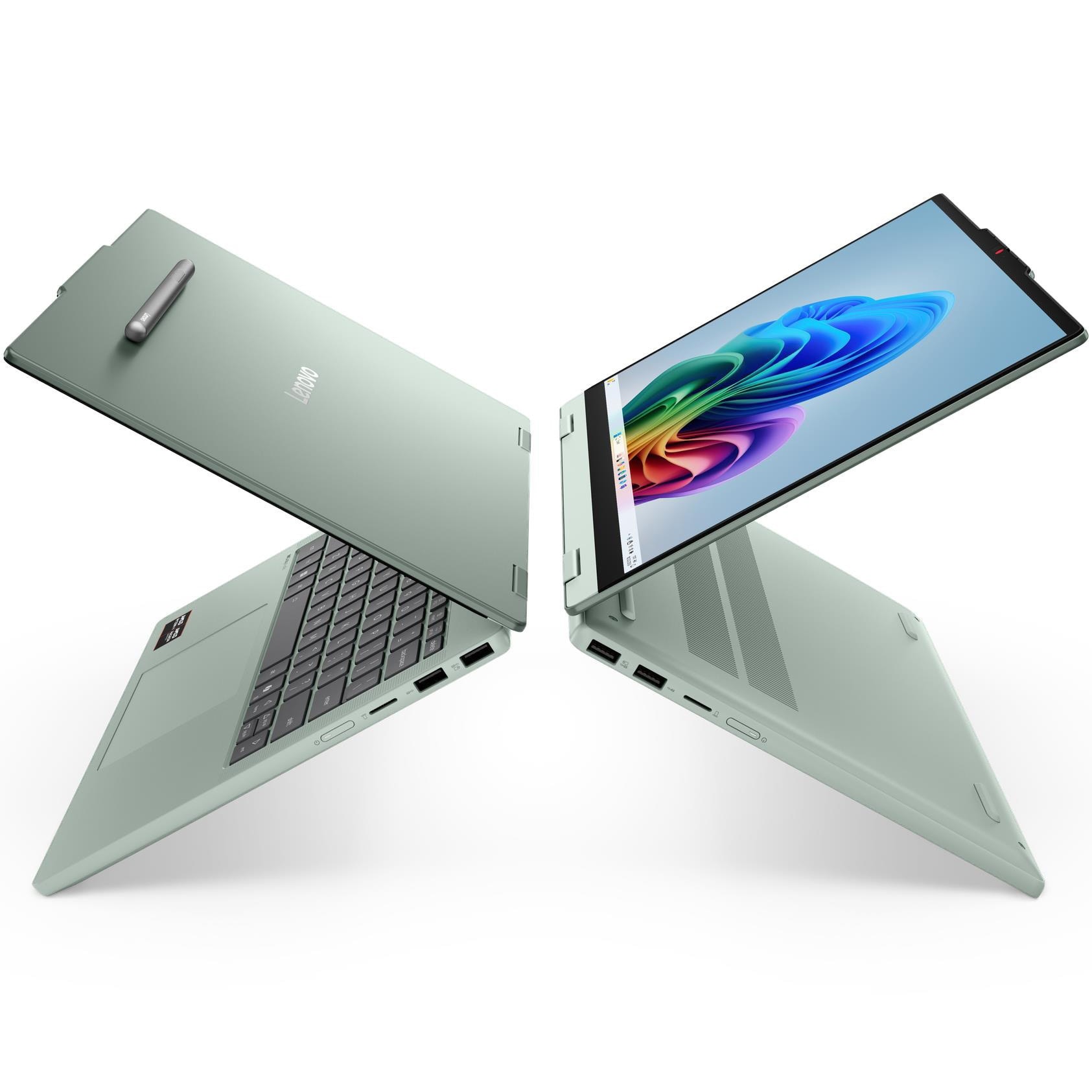 Laptop Lenovo IdeaPad 5 2-in-1 14AGP11 cu procesor AMD Ryzen™ AI 7 445 pana la 4.6GHz, 14'', WUXGA, OLED, 16GB DDR5 RAM, 1TB SSD, AMD Radeon™ 840M Graphics, No OS, Breeze Moss, 3Y Courier