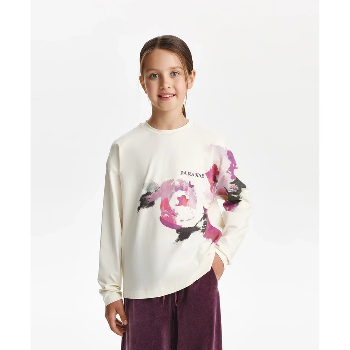 Lány hosszú ujjú póló, laza modell aszimmetrikus mintával, tejfehér Gulliver
