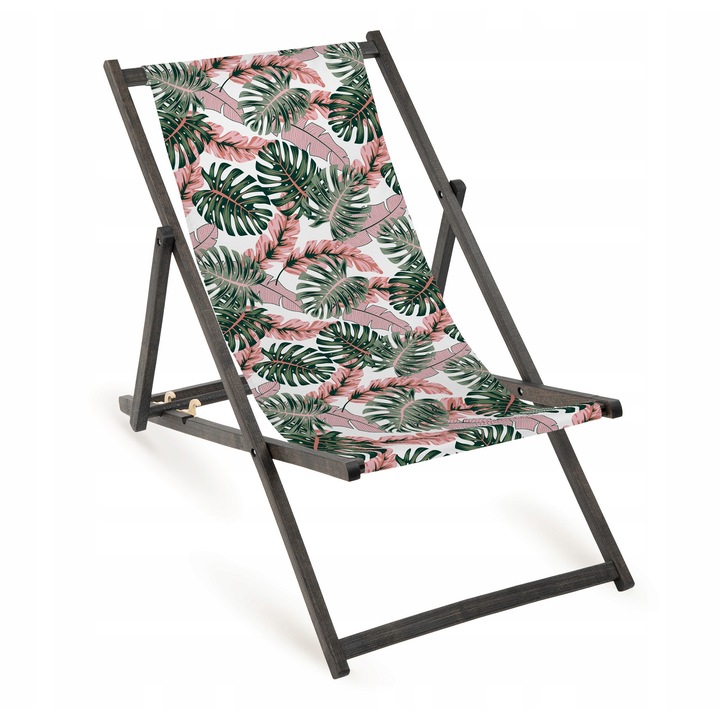 Lezank pliabil din lemn cu imprimeu roz Monstera, 110x55cm, pentru gradina si plaja