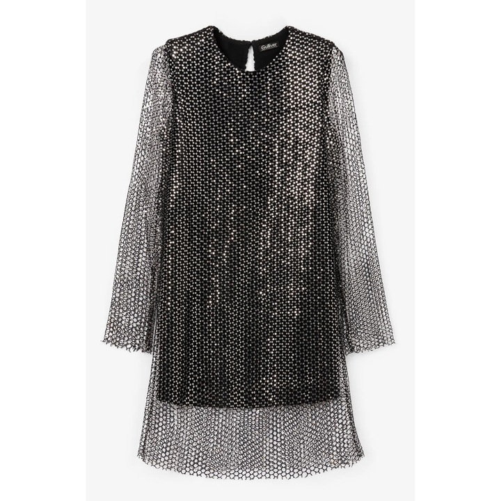 Rochie tricotată pentru fete cu mânecă lungă, cu tul și paiete, neagră Gulliver