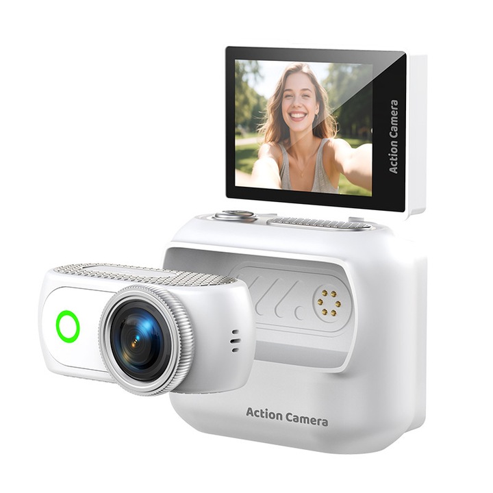 Camera sport, Aiorber, 2 inci, 1080p, fixare magnetica, detasabila, functie foto, ecran rabatabil, rezistenta la apa, compatibila cu transferul prin WiFi, alb