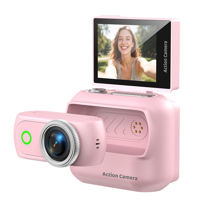 Camera sport, Aiorber, 2 inci, 1080p, fixare magnetica, detasabila, functie foto, ecran rabatabil, rezistenta la apa, compatibila cu transferul prin WiFi, roz