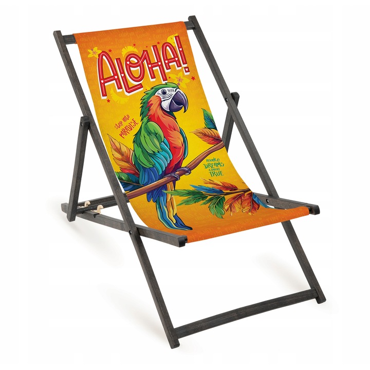 Sezlong din lemn Aloha, pliabil, cu imprimeu colorat, 110x55cm, pentru gradina si plaja