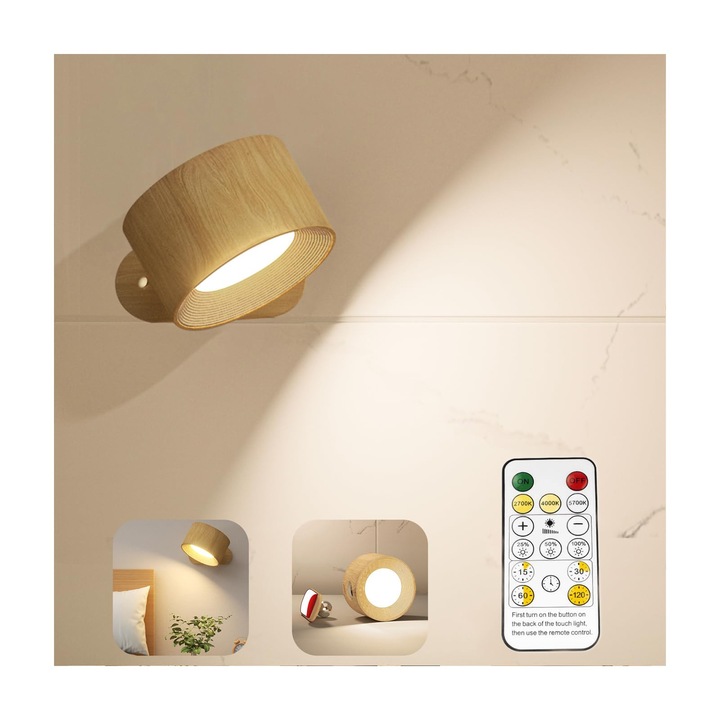 Aplica LED perete, 3 temperaturi de culoare, Atasabil magnetic, 3 niveluri de luminozitate, rotire 360°, Usor de Instalat, Pentru citit si ambient, cu Telecomanda, OUYLAF, maro