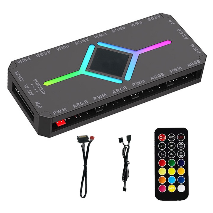 Controler ventilator, 9 porturi ARGB si PWM, cu Telecomanda, alimentare SATA, Usor de configurat, backplane magnetic, OUYLAF, negru