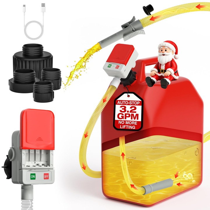 Pompa portabila de transfer de combustibil GalaxyTara® — cu functie de oprire automata, debit de 12 L/min, alimentata prin cablu de baterie de 130 cm sau USB, include 4 adaptoare pentru rezervor — Pompa de combustibil etansa