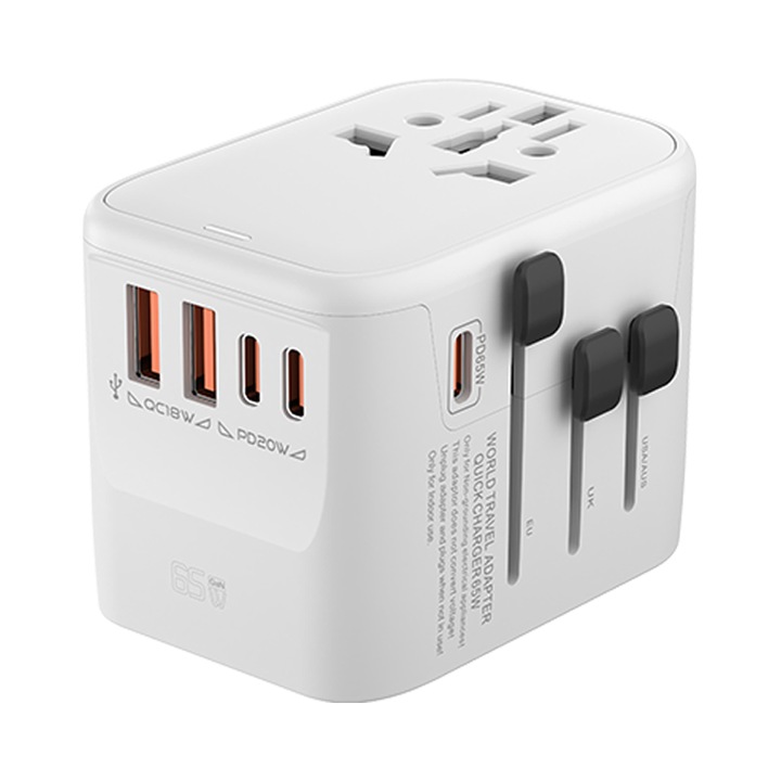 Aljzat- és kapcsolótartozékok, 65W Univerzális Töltőadapter, Nemzetközi Utazókonverter, 2xQC18W USB-A, 2xPD 20W Type-C. 1xPD 65W Type-C az US, UK EU, AU, Ázsia számára, Fehér