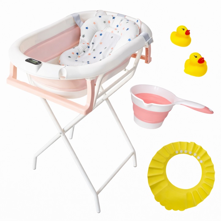 Cada pliabila bebe Little Mom cu suport metalic, pernuta anatomica, termometru si accesorii Roz