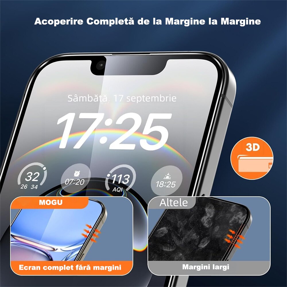 Folie de Protectie din Sticla pentru iPhone 17e/16e, MOGU folii de protectie pentru ecranul, HD Clear, Fara Margine Neagra, Protectie Profesionala, Full Cover, Anti Zgarieturi, Fara Bule, Compatibila cu Huse, 6.1 inch, Transparenta