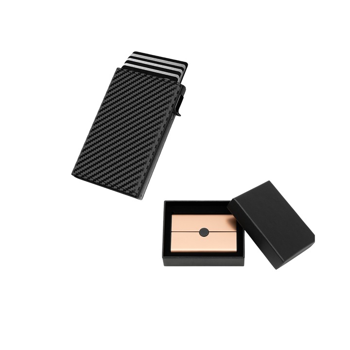 Portofel din Fibra de Carbon cu Protectie RFID + Cutie Cadou Rotixfy, Negru, Design Minimalist, Elegant si Rezistent