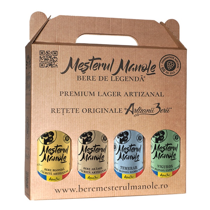 Cutie cadou cu 4 beri artizanale Mesterul Manole, 4x500 ml