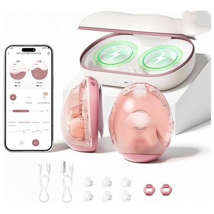 Momcozy Air 1 Pompa de San Electrica Dubla, Handsfree, Ultra Slim, 180 ml, Wireless cu Carcasa Incarcare, Control App, Alerta Recipient Plin, Rosu