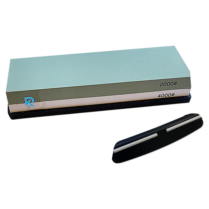 Késélező kő 2000/4000 szemcseméret – kétoldalas élezőkő, kézi késélező, csúszásmentes szilikon tartóval és szögvezetővel
