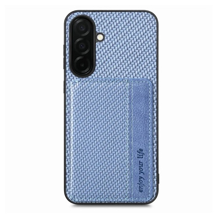 Gigapack szilikon mobiltelefon tok, ütésállóság, bőr hatású hátlap, mágneses, kitámasztó, kártyatartó, rfid, karbon minta, sötétkék, kompatibilis: Galaxy S26