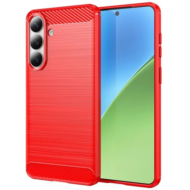 Gigapack szilikon mobiltelefon tok, ütésállóság, légpárnás sarok, szálcsiszolt, karbon minta, piros, kompatibilis: Galaxy S26 Plus