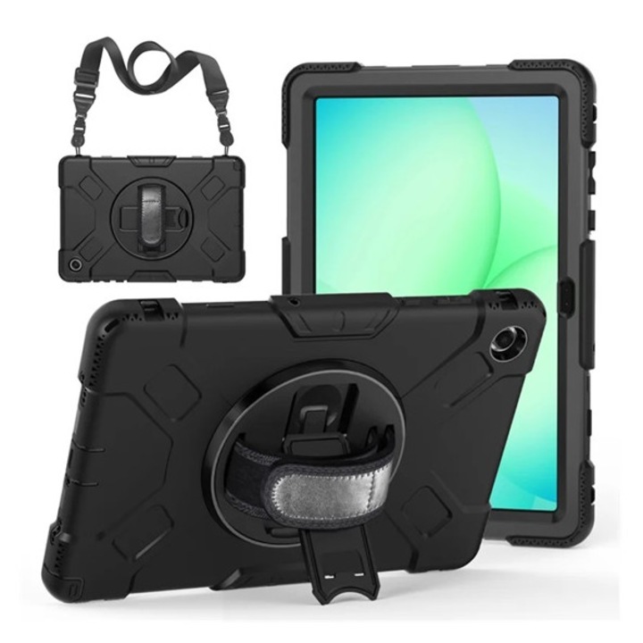 Gigapack defender műanyag tabletvédő, ütésállóság, kitámasztó, 360° + kézpánt, fekete, kompatibilis: Samsung Tab A11 Plus LTE / Tab A11 Plus WIFI