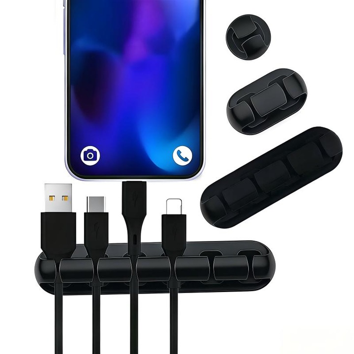 Set organizatori cabluri, Dissefa-tech, 9 piese, silicon, negru