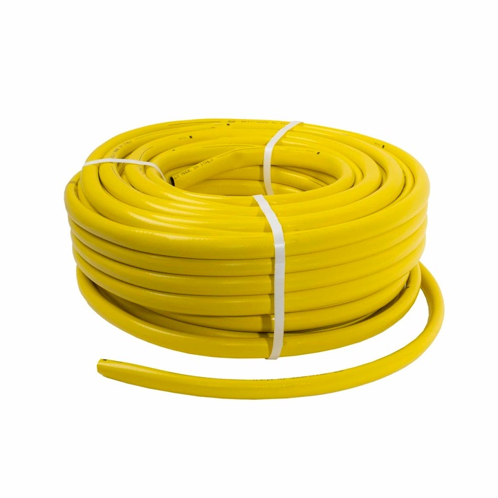 Градински маркуч, армиран, с вметка 3/4, дължина 50 метра, жълт, гъвкав, устойчив на UV лъчи и на студ