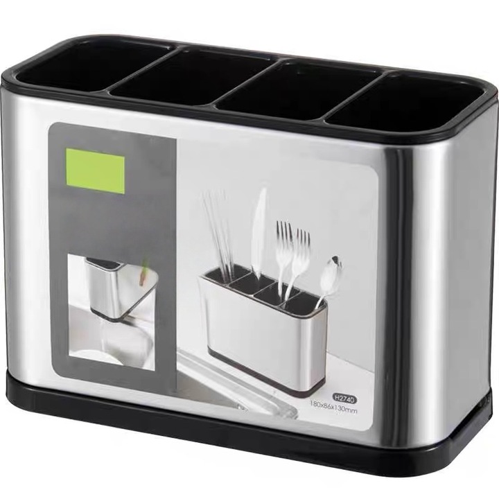 Cos de depozitare multifunctional, cu sistem de scurgere, potrivit pentru uz casnic in bucatarie, ORBER, ideal pentru depozitarea tacamurilor, din otel inoxidabil, 18, 5 × 9, 2 × 13, 7 cm, gri