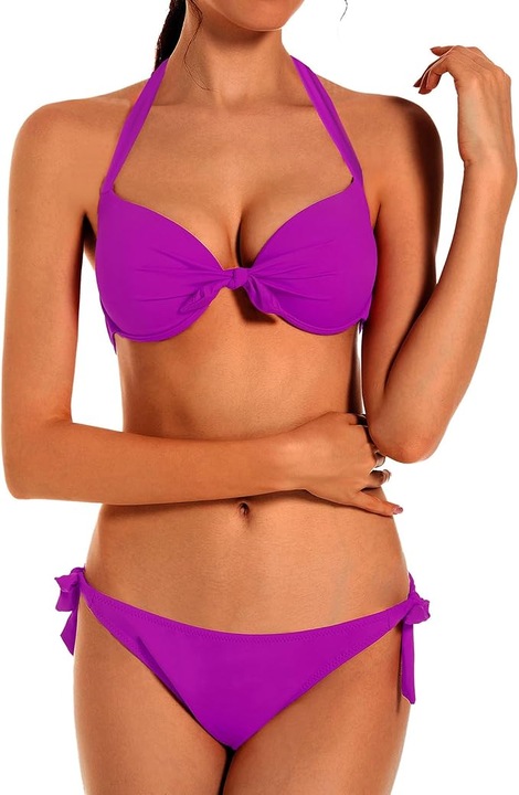 Costum de baie dama 2 piese, EONAR, Mov, XL, efect push-up, material elastic
