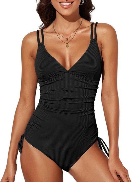 Costum de baie intreg dama monokini, decolteu adanc in V, spate decupat, talie modelatoare, Negru, Negru