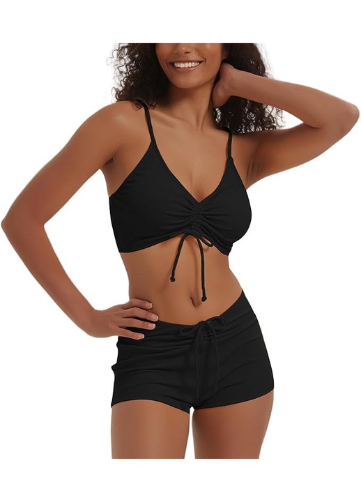 Costum de baie dama 2 piese Monokini, top cu decolteu in V, pantaloni boxer, Negru, Marimea XL