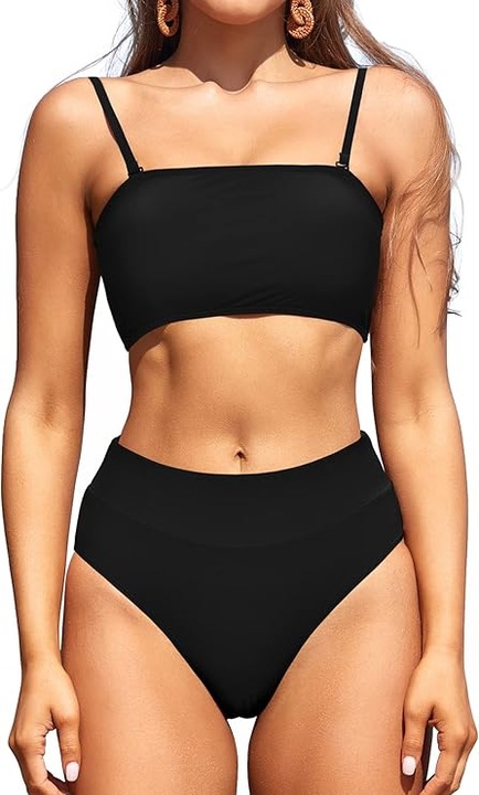 Costum de baie dama 2 piese, SHEKINI, negru, bretele detasabile, talie inalta, marimea S